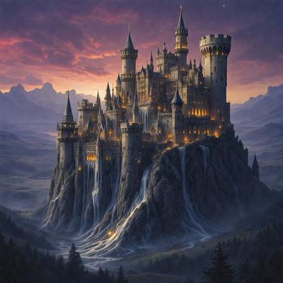 Primary subject: A castle with a moat and a drawbridge.

Setting/background: A mountainous landscape with a castle in the foreground.

Visual style: Digital art.

Colors and mood: The image is in black and white, giving it a dramatic and moody atmosphere.